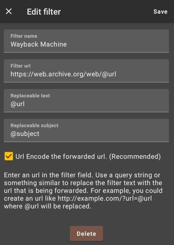 Wayback Machine forwarding shortcut for Url Forwarder for Android.