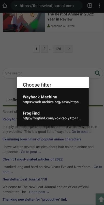 Url Forwarder for Android share menu with home page of The New Leaf Journal open.
