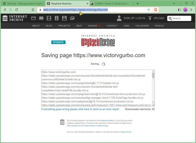 Cursor highlighting the URL after saving a page in the Internet Archive's Wayback Machine.