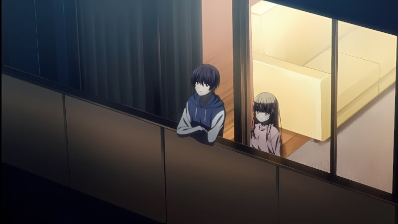 Amane and Mahiru stand together on the balcony outside of Amane's apartment in the end credits of The Angel Next Door Spoils Me Rotten Anime.