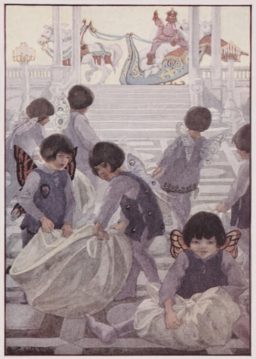 Illustration of "dream faries" -- children in butterfly wings, wrapping up bad dreams to give to children who have repeated mean things they head to other children. Illustration is for Mary Graham Bonner's "In Dreamland," part of her 1923 collection. The illustrator is most likely Elizabeth Curtis.