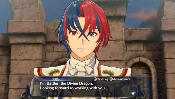 Screenshot of the protagonist in Fire Emblem Engage stating that he is the Divine Dragon and looks forward to working with someone.