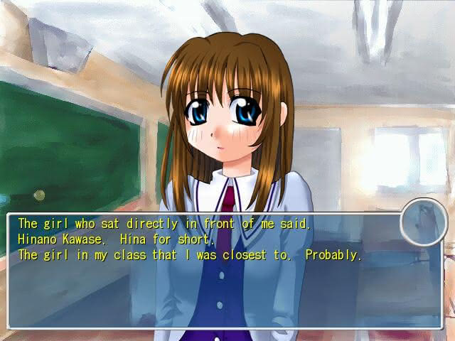 A scene from the Flood of Tears visual novel. Here, the view-point character, Tarou Yamada, introduces his best friend and co-main character, Hina Kawase.