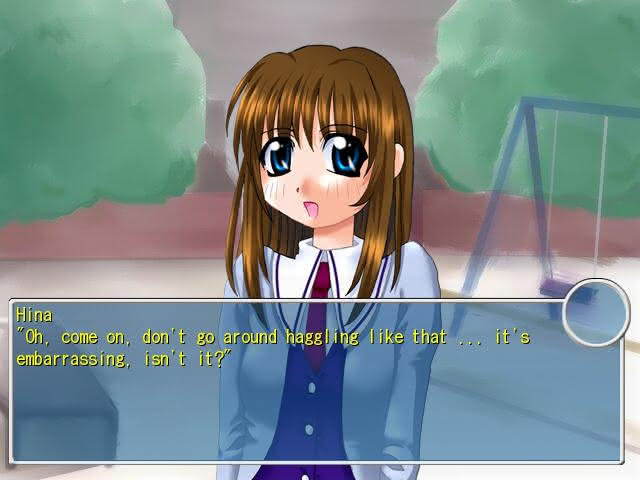 An exasperated Hina Kawase in the Flood of Tears visual novel asks her friend Tarou to stop haggling when buying stuff.
