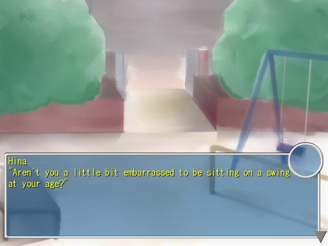 Hina Kawase asks Tarou Yamada if he is embarrassed to be sitting on a swing at his age in the Flood of Tears visual novel.
