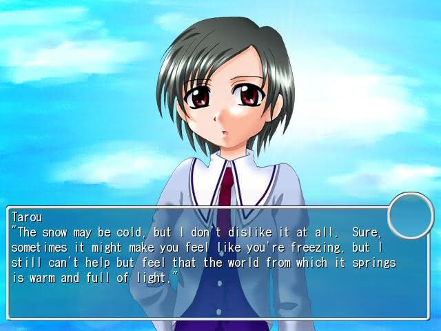 Tarou offers Umi a philosophical take on the snow in the Flood of Tears visual novel.