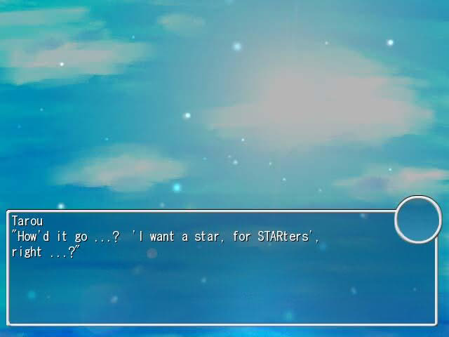 Scene showing the evening sky with snow in the Flood of Tears visual novel.  The protagonist, Tarou, is finishing a bad pun.