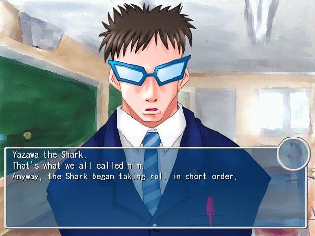 Tarou introduces his strange teacher, Yazawa the Shark, in the Flood of Tears visual novel.