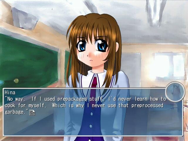 Hina explains that she does not cook with pre-processed foods in Flood of Tears visual novel.