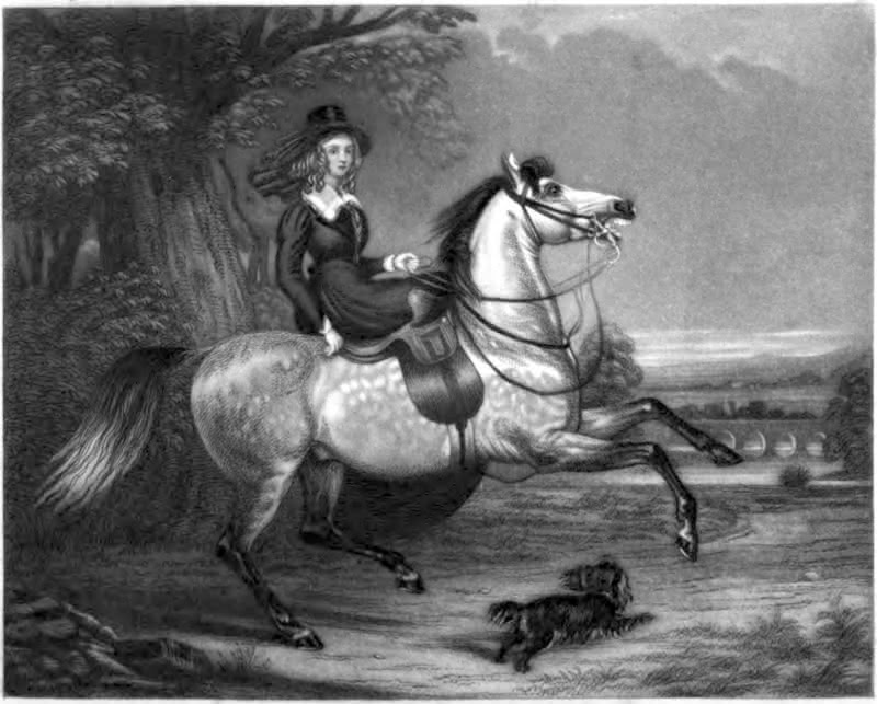Black and white etching of a woman riding a galloping white horse from the February 2, 1842 issue of Graham's Magazine. The illustration went with a poem called "My Bonnie Steed" by Alexander A. Irvine.