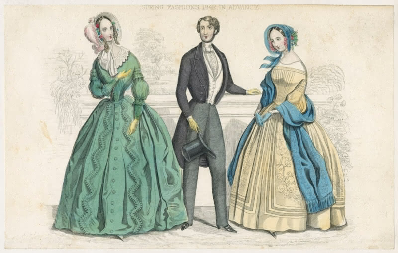 An illustration of two women in fashionable dresses and a man in a suit between them. This illustration, from the February 2, 1842 issue of Graham's Magazine, served to illustrate upcoming spring fashion.