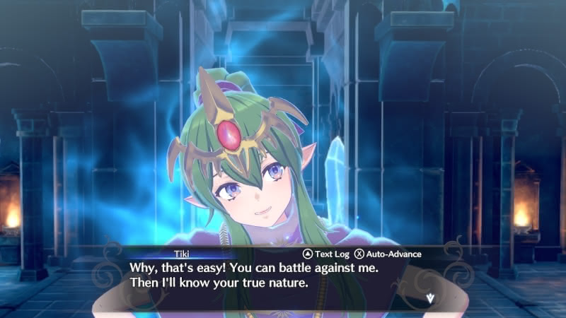 Screenshot of Tiki inviting the player to battle in FIre Emblem Engage.