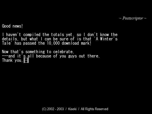 Postscript in "A Winter's Tale" noting that the game had received 10,000 downloads.