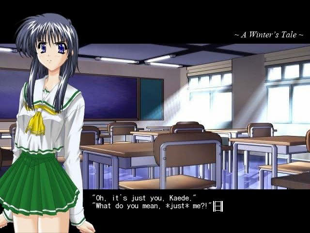 Scene from A Winters Tale, a 2005 visual novel. Kaede is offended that Jun, after being surprised by her appearance in class, said that it was "just Kaede."