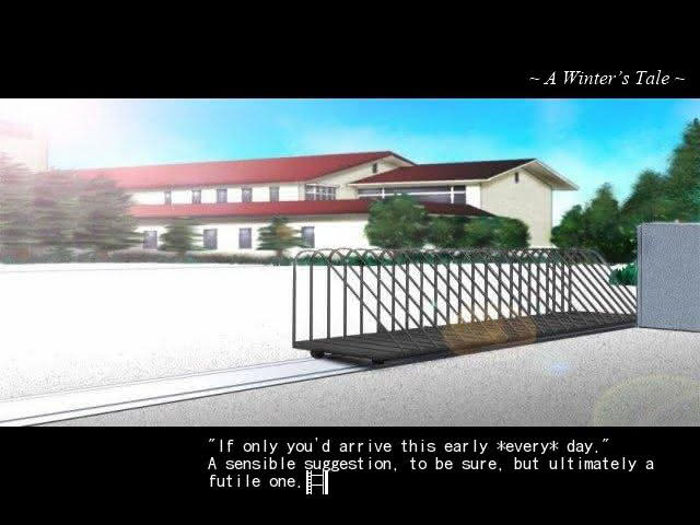 Jun and Kaede are almost late to school in the "A Winter's Tale" visual novel.