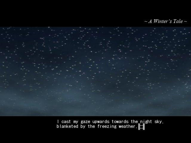 Scene from "A Winter's Tale" visual novel showing its letterboxing presentation.