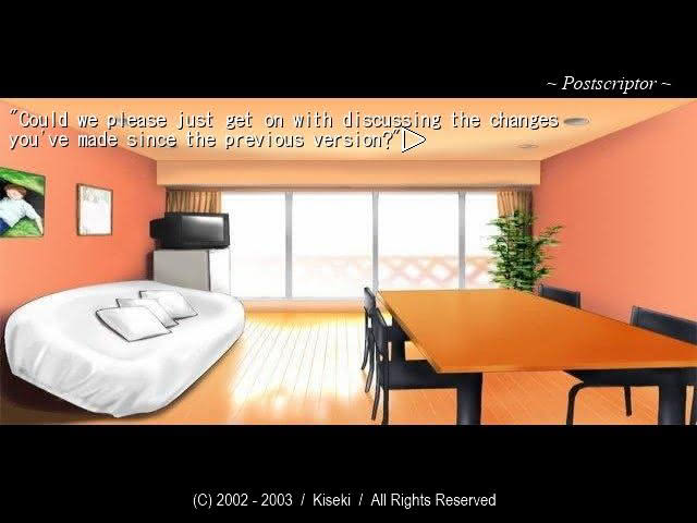Screenshot from postscript to A Winter's Tale, a visual novel. Here the a character from the game says to the director: "Could we please just get on with discussing the changes you've made since the previous version?"