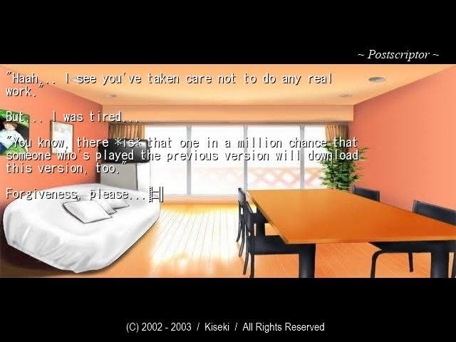 Scene from the postscript of A Winter's Tale, a visual novel. The game's character's criticize the director for not making many changes since the previous release. The director counters saying that very few people would have played both versions.
