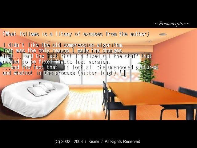 Scene from the postscript of "A Winter's Tale," a visual novel. The director explains that he created a new version of the game because he did not like the image compression algorithm used in the previous version.