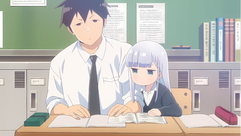 Aharen and Raidou sharing a book in the first episode of the Aharen-san anime.