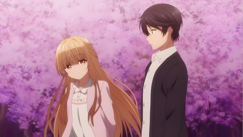 Mahiru and Amane walk on a cherry blossom-laden path in episode 7 of The Angel Next Door Spoils Me Rotten.