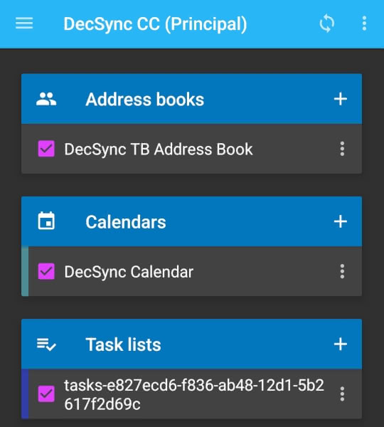 Screenshot of DecSync CC app with address book, calendar, and task lists added.