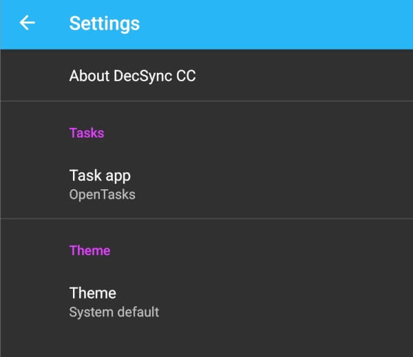 DecSync CC app settings screen.