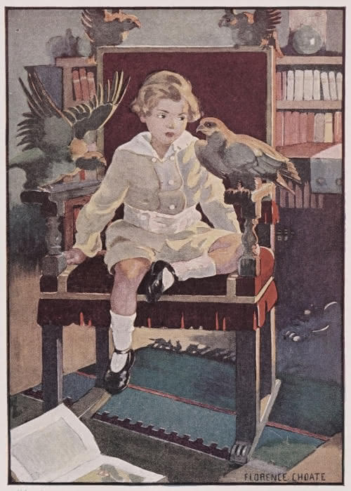 Illustration by Florence Choate of a boy named Kenneth sitting in a chair with three eagles.  The illustration was done for Mary Graham Bonner's short children's story "The Tired Eagles" - part of her 1923 collection "365 Bedtime Stories"