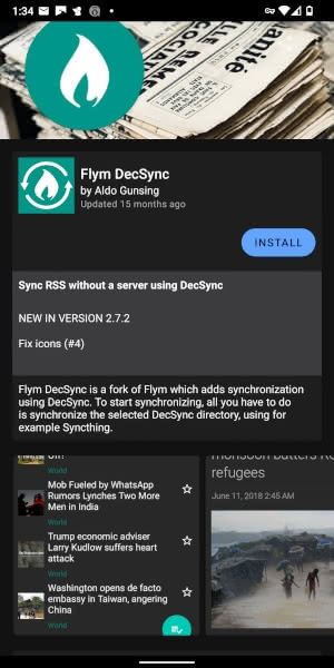Page for Flym-DecSync in F-Droid.