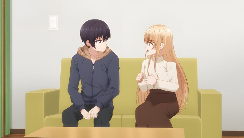 Amane and Mahiru talking on Amane's couch in episode 11 of The Angel Next Door Spoils Me Rottten.