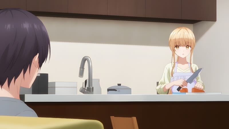 Mahiru cooking in Amane's apartment while Amane looks on in Angel Next Door anime.