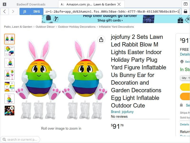 Screenshot of "joyfuny Lawn Led Rabbit Blow M Lights Easter Indoor Holiday Party Plug Yard Inflattable Us Bunny Ear for Decoration and Garden Decorations Egg Light Inflatable Outdoor Cute" on Amazon.