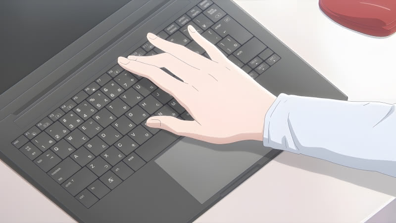 Akane's hand turning on her laptop in My Love Story With Yamada-kun at Lv999 anime.