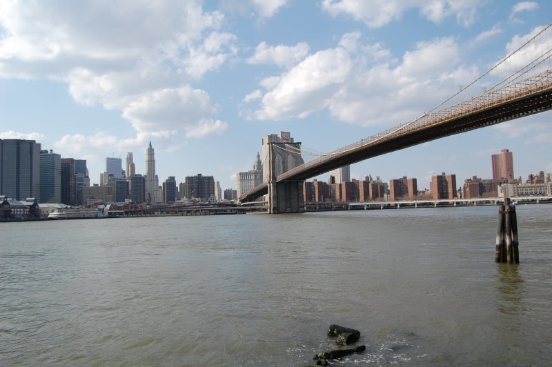 Photograph of the Brooklyn Bridge from Fulton Landing. Taken by N.A. Ferrell on March 26, 2007.