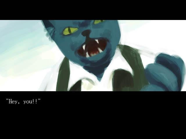 A menacing looking green cat in a collared shirt and vest in The Caged Vagrant visual novel. The cat, which looks angry, is saying "Hey, You!!"
