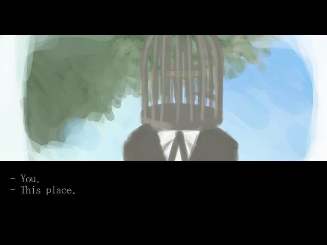 The player is presented with a choice of what to ask a man with an empty bird cage for a head, pictured in the scene, in The Caged Vagrant visual novel. The player can either ask the man about "you" or "this place."