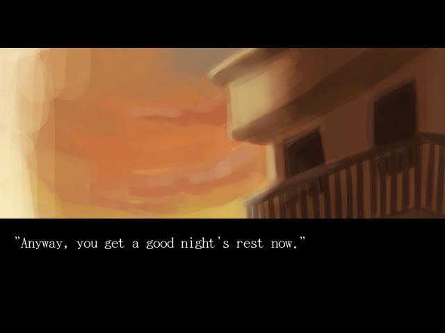 Late afternoon scene in The Caged Vagrant visual novel showing an apartment building on the right and a deep orange sunset on the left. The image is letterboxed. The text has one character wishing another good night.