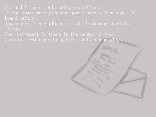 Scene from The Caged Vagrant visual novel. There is a letter and envelope drawn on top of a light gray background. The white text describes ethereal music being played on an instrument called the piano.