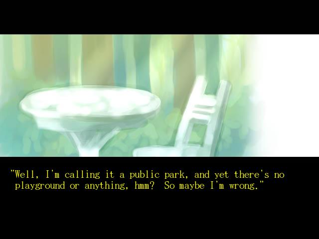 Scene showing a white table and chair in a park in The Caged Vagrant visual novel. The scene is drawn in what appears to be pastels, with green, white, and yellow. The park scene is letterboxed. The text reads as follows: "Well, I'm calling it a public park, and yet there's no playground or anything, hmm? So maybe I'm wrong."