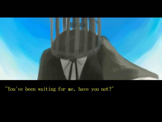 The opening scene of The Caged Vagrant visual novel. A man with an empty bird cage for a head asks the player if he has been waiting.
