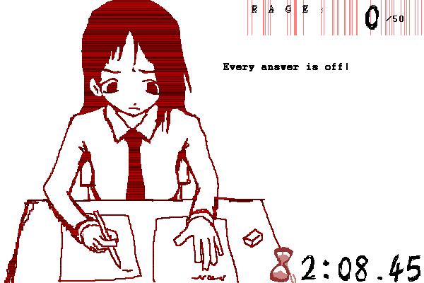 Scene in Crimsoness visual novel where Bakumi, who is drawn as taking an exam, realizes that her answers are misaligned.