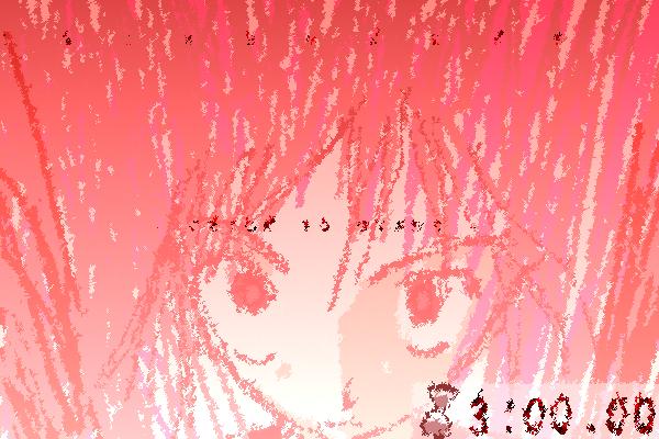 Title screen for the 3-minute visual novel, Crimsoness. It is drawn in red and shows the enraged face of the novel's heroine of sorts, Bakumi. A 3-minute timer is in the right corner.