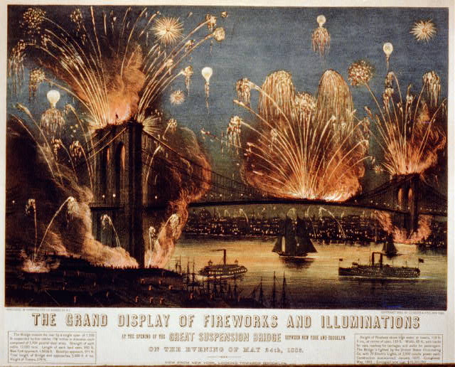 Illustration of the fireworks at the May 24, 1883 opening of the Brooklyn Bridge.