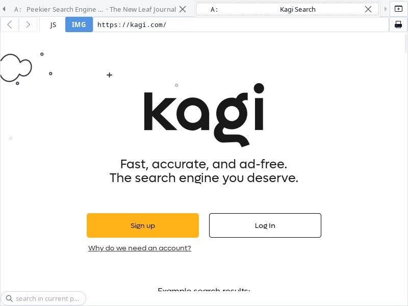 Capture of the Kagi Search homepage in the Badwolf web browser. This redirected from a link to the homepage of the now-defunct Peekier search engine.