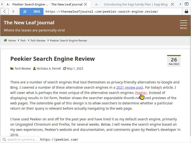 Hovering over a hyper-link to the former Peekier search engine in a Peekier review on The New Leaf Journal.