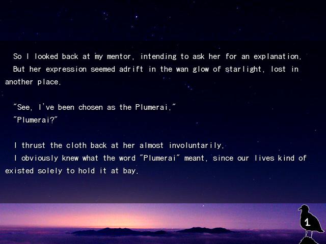 Scene in the Plumerai visual novel with a black text box overlaying a dark purple and yellow sky. In the text, the speaker describes looking at her mentor in the glow of the starlight. The mentor tells the player that she has been chosen as the Plumerai.