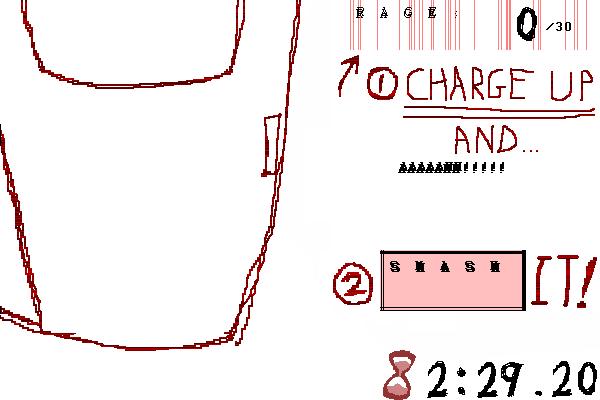 Scene from Crimsoness with a crudely drawn door and an arrow pointing at a "rage gauge" -- telling the player to charge it.