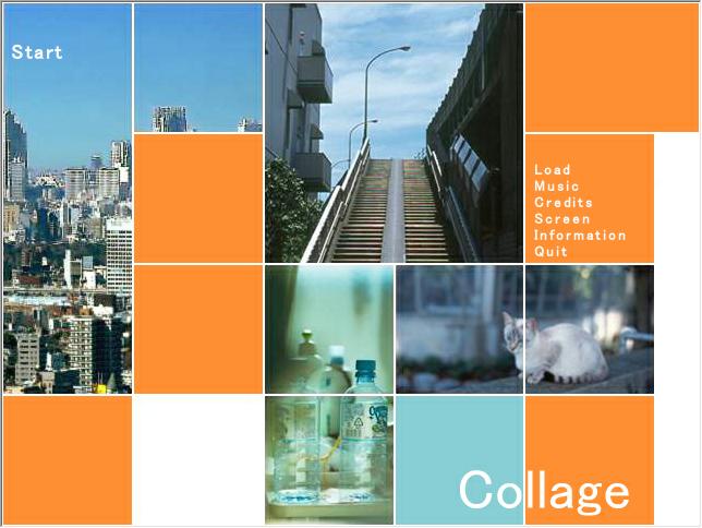 Title screen for the 2006 English translation of Collage, a 2004 freeware Japanese visual novel. The title screen features orange, white, and blue squares mixed with squares featuring real photographs.