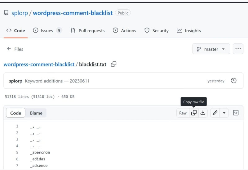 Screen capture of blacklist.txt file in GitHub repository for WordPress comment blacklist. I am highlighting the button for copying the contents of the text file.