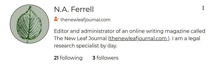 N.A. Ferrell's Nostr profile description in Coracale social. The profile contains a checkmark showing that the account is NIP-05 verified with The New Leaf Journal's WordPress domain.